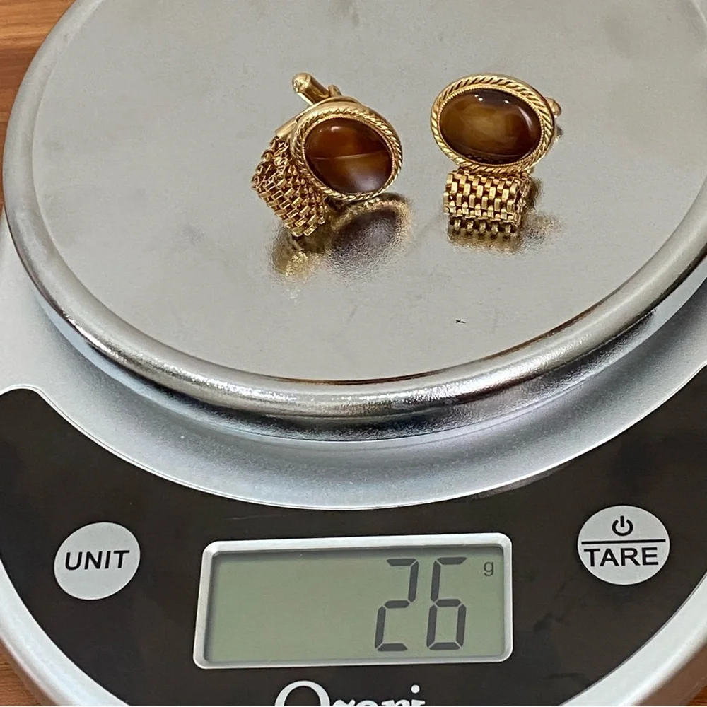 Vintage AVON Yellow/Brown Cabochon Gold-tone Mesh Cuff Links